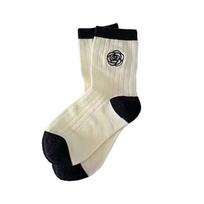 Japanese tide camellia rose embroidery sweet socks comfortable black and white vertical strip pure cotton tube socks One Size