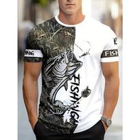 Mens Vibrant Fish Print Casual T-Shirt - Breathable Slight Stretch Polyester Crew Neck Tee for Outdoor Perfect for Summer XL balta