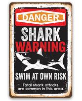 DORA Tin Sign Shark Warning Swim At Own Risk  Beach Sign Metal Great for Beaches and Poolside Areas Coastal Nautical Wall Accesso 20x30cm（7.8x11.8inch）