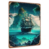 Vintage Caribbean Pirate Ship Metal Wall Art Nautical Ocean Sailing Decor for Living Room Bar 20X30CM