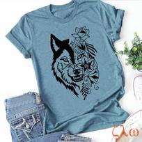 Zavita Women T Shirts Flower Wolf Printed Casual Shirts Short Sleeve O Neck Plus Size S-5XL Summer Tops XXXXXL mėlyna