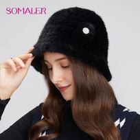SOMALER Winter Real Mink Fur Bucket Hats with Fur Flowers Formal Hat Knitted Bonnet Beanie juoda
