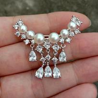 Natural Freshwater Cultured White Pearl Cubic Zirconia Pave Silver Plated Brooch