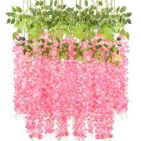 12 Pack 109.7cm Wisteria Hanging Flowers Bulk Artificial Wisteria Vine Ratta Hanging Garland Silk Flowers String Party Wedding Home Decor rožinė