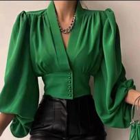 Blusas Rudens seksualūs marškiniai V formos iškirpte Moteriški marškiniai aukštu juosmeniu, žibintuvėliais rankovėmis, trumpi atlasiniai viršutiniai palaidi viršutiniai palaidiniai Palaidinė Kieti drabužiai 29535 One Size juoda