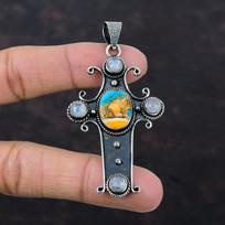 Spiny Oyster Copper Turquoise Pendant Rainbow Moonstone Gemstone Pendant 925 Sterling Silver Pendant Handmade Cross Jewelry Gift For Friend gray