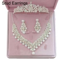 Moterų dirbtinių perlų krištolo pakabukų karoliai auskarai karūnos Tiara papuošalų rinkinys Stud Earrings