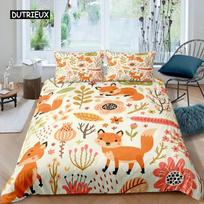Cartoon Fox King Queen Duvet Cover Lovely Orange Animal Floral Bedding Set Kids Girls Flowers Plant 2/3pcs Polyester Quilt Cover three piece set 140x200cm 3pcs gray