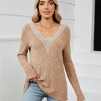 Autumn Solid V-Neck Pullover T-Shirt Woman Long Sleeve Loose Women Knitted T-shirts Pit Stripe Fashion Casual Tees Blusas 30114 S oriono spalva