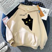 Miau Juodas Katinas Unisex Madingi Laisvi Džemperiai su Gobtuvu Unisex Pašiltinti Spaudiniai Aukštos Kokybės Puloveris Gatvės Šilti Sportiniai Drabužiai L beige