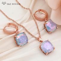 Fashion Square Ice Crack Crystal Drop Auskarai Papuošalų rinkiniai Moterims Vestuvių Rožinio aukso spalvos karoliai Dovana gray