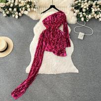 French Elegant Chic Sequin Ribbon Dress Women Diagonal Collar Long Sleeve Chic Evening Party Clothes Female Korean Fashion Ceremonial Hip Wrap Dress S rožinė raudona spalva