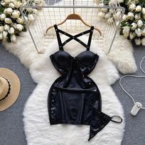 Party Camis Sexy Solid Pajamas Dress Women Hollow Out Backless Slim Night Dresses Female Streetwear Club Leather Erotic Nightwear Dress 2024 S juoda