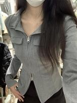 French Vintage Slim Streetwear Cardigan Women Double Zipper Lapel Elegant Office Tops Female Casual Korean Style Fashion Clothing 2024 S pilka