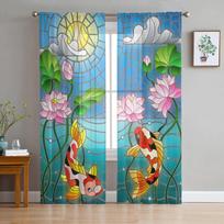 Carp Watercolor Pond Tulle Curtain Home Office Window Decor Bedroom Kitchen Balcony Modern Sheer Curtain 135W x 114H(cm)