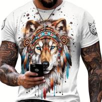 Men's Tribal Wolf Graphic T-shirt, Active Slightly Stretch Breathable 3D Print Tee For Outdoor S gray