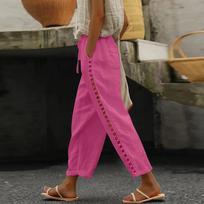 Women's Fashion Baggy Pants With Pocket Slim Breathable Lace Edge Hollowed Out Solid Color Retro Casual Pants XXXL rožinė
