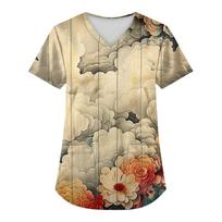 Plus Size Printed Scrub Working Uniform Tops For Women's V-Neck Christmas Print Short Sleeve Fun T-Shirts Workwear Tee With Pockets L chaki