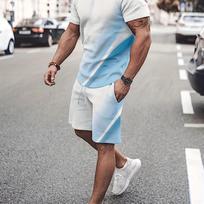 Mens Fashion 2 Pieces Outfit Set - Vibrant Gradient Pattern Print T-Shirt & Drawstring Shorts - Comfortable Casual Wear for Summer S