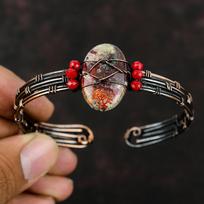 Mexican Laguna Lace Agate Copper Bracelet Red Coral Beads Cuff Copper Wire Wrapped Jewelry Adjustable Bangle Wire Wrapped Handmade Bracelet