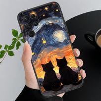 Cat Starry Night Van Gogh telefono dėklas, skirtas Samsung A52S A21S A33 A23 A13 A14 A32 A52 A53 A54 A51 A71 M51 A32 5G gray