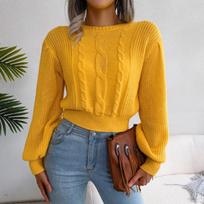 Autumn and Winter Solid Casual Knitted Sweater Women Twists Lantern Sleeve Pullover Sweaters for Women Fashion Round Neck Warm Knitwear Tops 24603 S geltona