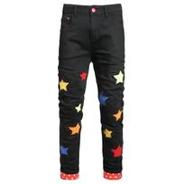 Original European And American Style, Personalized And Colorful Embroidery, Slim Fit And Elastic Flanged Denim Pants 28 juoda