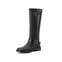 Krazing Pot Cow Skin Square Toe Winter Med Heels Riding Boots Punk Design Women Vintage Square Buckle Thigh High Boots 34 juoda