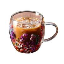 Dvigubos sienelės stiklinis gėlių puodelis 250 ml / 350 ml skaidrus estetinio gėrimo puodelis su izoliuota rankena, tikros gėlės puošmena dvisluoksnė šilumą išsauganti taurelė 250ml A beige
