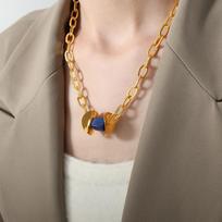 Hong Kong Style Retro Natural Stone Agate Pendant Necklace Thick Chain Chain Titanium Steel 18K Gold Personalized Versatile Jewelry Women