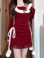 Autumn France Red Elegant One Piece Dress Women Bow Sexy Chic Long Sleeve Slim Dresses Female Korean Fashion Solid Party Clothes S raudona