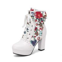 Women's high heel ankle boots autumn and winter new waterproof platform thick heel color contrast large size Roman ankle boots 34 mėlyna