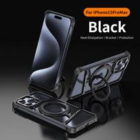 Prabangus metalinis sulankstomas stovas, magnetinis telefono dėklas, skirtas iPhone 16 15 14 Pro Max Magsafe aliuminio buferiui, smūgiams atsparus šilumos išsklaidymo dangtelis For iPhone 16 Pro Max juoda