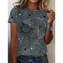 Vibrant Galaxy Print Crew Neck T-Shirt Short Sleeves, Random Printing, Perfect for Summer Vacation - Womens Casual Crew Neck Tee for Spring and Summer S juoda