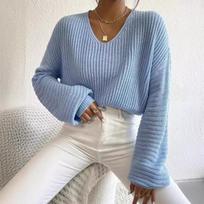 Autumn New Solid V-neck Pullover Knitted Sweater for Women Winter Lantern Long Sleeve Vintage Female Sweaters Casual Loose Office Lady Knitwear 25110 S dangaus mėlyna spalva