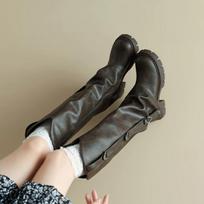 Knee-High Women Knigit Boots Metal Buckle Side Zipper Chunky Mid-Heel Round Toe Fold-Over Boots Fashion Coolgirl Shoes 35