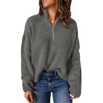 Autumn and Winter Zipper Half High Collar Pullover Sweaters for Women Fashion Long Sleeve Plus Size Knitted Sweater Ladies Casual Loose Knitwear 25222 S tamsiai pilka spalva