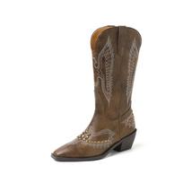 Retro Botas Mujer Rivet Cowboy Vintage Mid-calf Boots Women's Genuine Leather Square Toe Embroidery Chunky Heels Western Booties 6