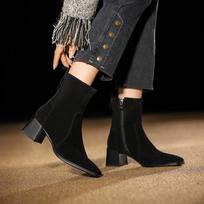 Krazing Pot Cow Suede Winter Thick High Heels chelsea Boots Women Platform Zipper Ankle Boots 34 juoda