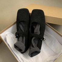 Fashion Fashion Square Toe Fleece Flet Ballet Flats Woman Winter Warm Wool Mary Jane Shoes Ladies Brand Design Elegant Plush Loafers 35 juoda