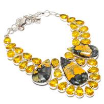 Kamanės jaspis, citrinas brangakmenis 925 sterlingų sidabro papuošalų karoliai 18 colių S3D76 yellow