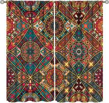 Southeast Asia Thai floral semi-blackout curtains Colorful Bohemian Mandala Curtains Decor Bedroom Living Room Window Curtains (W50H130cm)-2pcs&Hook