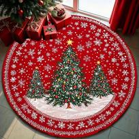 1Pcs Christmas Tree Print Round Area Rug Indoor Non-Slip Washable Fiber Carpet Soft Comfortable Mat For Bedroom Living Room 80X80cm red