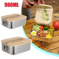 900ML Camping Bento Box Wooden Lid Lunch Box Stainless Steel Bento Box Outdoor Fishing Picnic Lunch Box Pot Chopping Board. beige