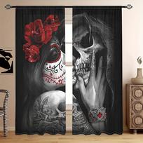 2pcs Halloween Red Rose Gothic Skeleton Rod Pocket Curtain For Living Room Bedroom Office Child Room Decor Study Coffee Shop (W50cmxH130cm)x2&Rod Pocket gray