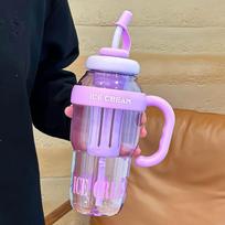 2024 Vasaros Plastikinis Puodelis Didelės Talpos Plastikinis Šiaudelis Gėrimų Butelis su Laiko Žymekliu Lauko Sportui Fitnesui Vandens Puodeliai 1 pink
