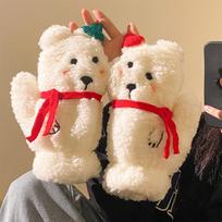 Cute Christmas Hat Bear Plush Mittens Women's Autumn and Winter Thickened and Velvet Warm Cycling Trend One Size