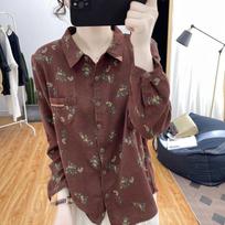 Women's  Cotton and Linen Floral Long Sleeved Shirt  Digital Printed Top Retro Base Shirt Shirt XXXXL raudona