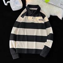 Hong Kong style spring and autumn men's sweatshirt trendy ins contrast striped long-sleeved polo shirt loose student couple tops M