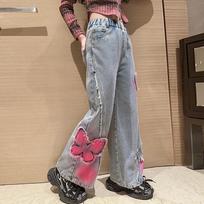 Autumn Spring Girls' Spray-Painting Butterfly Denim Wide Leg Pants High Waist Korea Style Long Jeans Teens Trousers 170cm mėlyna